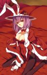  1girl alternate_costume bed breasts cleavage gloves hat nagae_iku pantyhose pillow purple_hair red_eyes santa_costume shiren_(monochrome_structure) short_hair sitting solo touhou wariza white_gloves 