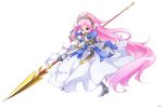  1girl :o armor armored_dress blue_eyes boots dokidoki!_precure dress faulds gloves hairband long_hair marie_ange pink_hair polearm precure solo sougetsu_asuka spear weapon white_background white_dress 