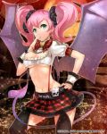  1girl bat_wings belt breasts cityscape demon_girl demon_tail finger_to_mouth green_eyes hand_on_hip midriff navel original pink_hair plaid plaid_skirt short_sleeves silver_(atelier-tengu) skirt skull sky solo tail twintails under_boob watermark wings wrist_cuffs 