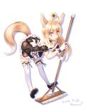  1girl ahoge animal_ears bare_shoulders blonde_hair detached_collar ecell elin_(tera) flower fox_ears fox_tail gloves hair_flower hair_ornament maid mop simple_background solo tail tera_online thigh-highs violet_eyes white_background white_gloves white_legwear 