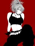  1girl bare_shoulders bhm breasts earrings jewelry king_of_fighters large_breasts leona_heidern looking_at_viewer midriff monochrome navel pants parted_lips ponytail red_background sitting solo sports_bra 