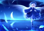  1girl blue blue_dress blue_eyes boots chipika clouds dress feathers highres lake moon night original reflection ribbon sky solo splashing standing standing_on_water star_(sky) white_hair wings 