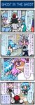  3girls 4koma artist_self-insert black_hair blue_dress blue_hair chopsticks closed_eyes comic dress eating flapping food ghost hat hat_ribbon heterochromia highres juliet_sleeves long_sleeves mizuki_hitoshi multiple_girls noodles open_mouth pink_eyes pink_hair puffy_sleeves real_life_insert ribbon saigyouji_yuyuko shameimaru_aya short_hair short_sleeves smile soba sweat table tatara_kogasa tokin_hat touhou translated triangular_headpiece troll_face veil 