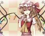  1girl ascot blonde_hair blood blood_on_face bloody_hands flandre_scarlet hat hat_ribbon looking_at_viewer mako1984 puffy_sleeves red_eyes ribbon shirt short_hair side_ponytail skirt skirt_set solo tile_background touhou wings wrist_cuffs 