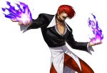  1boy alternate_costume choker fire hair_over_one_eye highres jacket king_of_fighters king_of_fighters_xiii official_art ogura_eisuke pants purple_fire red_eyes red_pants redhead short_hair snk solo transparent_background yagami_iori 