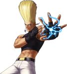  1boy abs belt big_hair blonde_hair blue_eyes crop_top earrings electricity fingerless_gloves gloves halter_top halterneck highres jewelry king_of_fighters male midriff muscle navel nikaido_benimaru official_art ogura_eisuke pants snk solo transparent_background 