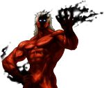  1boy blue_eyes dark_persona glowing glowing_eyes hand_on_hip highres king_of_fighters king_of_fighters_xiii long_hair muscle nude official_art ogura_eisuke pectorals red_skin saiki_(kof) snk solo transparent_background white_hair 