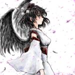  1girl bird_wings black_hair breasts cherry_blossoms detached_sleeves feathers hat lips nanashii_(soregasisan) obi parted_lips pom_pom_(clothes) profile red_eyes shameimaru_aya short_hair simple_background solo tokin_hat white_background wide_sleeves wind 