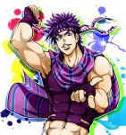  1boy abs blue_eyes fingerless_gloves gloves headband jojo_no_kimyou_na_bouken joseph_joestar_(young) midriff muscle pointing purple_hair scarf solo tonomayo 