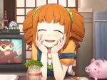  1girl bean_sprouts blush brown_hair chin_rest closed_eyes frog hitoto idolmaster open_mouth overalls piggy_bank plant ribbon short_hair smile solo table takatsuki_yayoi television twintails 