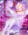  1girl arm_garter bare_shoulders bird blush breasts choker cleavage cocorip dress frills gloves hair_ribbon long_hair looking_at_viewer original pantyhose pink_eyes pink_hair ribbon sitting smile solo tiara white_gloves white_legwear 