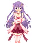  1girl alternate_costume bare_shoulders blush bow breasts cleavage crescent crossed_arms double_bun dress embarrassed godharo1 hair_bow long_hair looking_at_viewer navel patchouli_knowledge purple_hair skirt solo thigh-highs touhou violet_eyes 