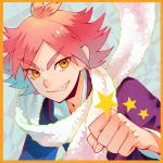  1boy bust face fang fubuki_atsuya grin hs2 inazuma_eleven inazuma_eleven_(series) orange_eyes pink_hair scarf smile solo star 