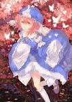  1girl artist_name butterfly cherry_blossoms hair_between_eyes hat highres kneehighs leg_up mary_janes parted_lips petals pink_eyes pink_hair saigyouji_yuyuko shinigamiwyvern shoes short_hair sleeves_past_wrists solo touhou triangular_headpiece watermark web_address white_legwear wide_sleeves 