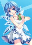  1girl alternate_color alternate_hairstyle bare_arms blue_eyes blue_hair blush cirno collarbone dress grin hair_ornament hair_ribbon hairclip ice ice_wings looking_at_viewer ribbon sleeveless sleeveless_dress smile solo touhou twintails water_gun white_dress wings yui_(daijun) 