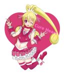  1girl aida_mana blonde_hair cure_heart cure_melody cure_melody_(cosplay) curly_hair dokidoki!_precure double_v earrings half_updo heart jewelry long_hair magical_girl midriff pink_eyes pink_legwear ponytail precure ribbon skirt smile solo suite_precure thigh-highs v 
