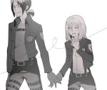  2girls :q belt christa_renz heart heart_of_string holding_hands jacket monochrome multiple_girls oldroyalcouple ponytail shingeki_no_kyojin short_hair tongue ymir_(shingeki_no_kyojin) 