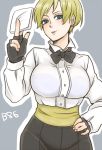  1girl blonde_hair blue_eyes bowtie breasts earrings fingerless_gloves gloves hand_on_hip handkerchief huge_breasts jewelry king_(snk) king_of_fighters majoccoid ryuuko_no_ken sash shirt short_hair smile solo 