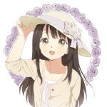  1girl brown_eyes brown_hair flower happy hat long_hair open_mouth shizuko_(chipccchip) solo sweater 