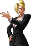  1girl blonde_hair blue_eyes breasts cleavage earrings eyepatch formal fringe hair_over_one_eye hair_up hand_on_hip highres jewelry king_of_fighters king_of_fighters_xiii large_breasts mature_(kof) nail_polish no_bra official_art ogura_eisuke pant_suit short_hair slender_waist snk solo suit transparent_background 