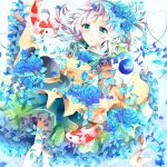  1girl :o aqua_hair azumamutuki blouse blue_rose bubble flower frills gradient gradient_background green_eyes hands_in_sleeves hat hat_removed hat_ribbon headwear_removed heart heart_of_string highres koi komeiji_koishi leaf looking_at_viewer ribbon rose short_hair skirt solo third_eye touhou underwater 