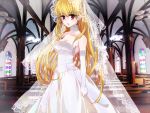  1girl blonde_hair bridal_veil bride church dress elbow_gloves fate/zero fate_(series) genderswap gilgamesh gloves long_hair pandamamire red_eyes solo veil wedding_dress 