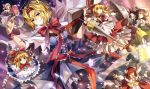  1girl alice_margatroid blonde_hair book brown_hair frills hat hourai_doll lance long_hair looking_at_viewer minigirl neko_(yanshoujie) outstretched_arms polearm red_eyes ribbon shanghai_doll shield short_hair smile solo spread_arms touhou wand weapon yellow_eyes 