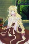  1girl aoi_aiko bare_shoulders blonde_hair book braid corset dress flower frills gosick green_eyes hair_flower hair_ornament hair_ribbon hand_on_own_chest highres indoors long_hair looking_at_viewer parted_lips ribbon sitting solo tree very_long_hair victorica_de_blois window 
