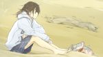  1girl artist_name barefoot beach blurry brown_eyes brown_hair clothes_writing depth_of_field digital_media_player earphones highres hoodie iphone long_hair loundraw original phone plaid plaid_skirt pleated_skirt sand shoes shoes_removed signature sitting skirt sneakers solo wallpaper 