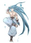  1boy baggy_pants barefoot blue_hair highres long_hair male muscle samurai_spirits solo standing_on_one_leg suija_sogetsu tattoo very_long_hair warumono_tomii 