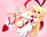  1girl arantheus barefoot bat_wings blonde_hair demon_girl demon_tail demon_wings disgaea earrings fang feet flonne flonne_(fallen_angel) hairband heart heart-shaped_pupils highres jewelry leotard long_hair open_mouth pointy_ears red_eyes smile solo symbol-shaped_pupils tail tail_bow wings 