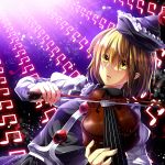  1girl blonde_hair crescent frills fuuna_(conclusion) hat highres holding instrument long_sleeves looking_at_viewer lunasa_prismriver music musical_note open_mouth short_hair skirt solo touhou violin yellow_eyes 