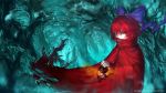  1girl blue_background bow buckle cape covering_mouth dungeon hair_bow highres lantern one-eyed red_eyes sekibanki shinigamiwyvern short_hair solo torn_clothes touhou watermark web_address 