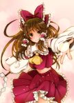  1girl ascot bow brown_eyes brown_hair detached_sleeves gohei hair_bow hair_tubes hakurei_reimu highres light_particles long_hair looking_at_viewer mameshiba_(skydropb) midriff navel open_hand outstretched_arm pink_background skirt skirt_set smile solo touhou 