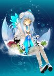  1girl alternate_costume blue_background blue_hair coat crescent elsword eve_(elsword) expressionless forehead_jewel gloves grey_legwear headdress highres house long_hair oao pantyhose print_pantyhose shoes skirt snowflakes solo tree yellow_eyes 