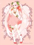  1girl character_name cherry dress elaborate_frame food food_as_clothes food_themed_clothes frame fruit hatsune_miku highres hiiro long_hair pink_eyes pink_hair polka_dot sakura_miku smile socks solo strawberry twintails very_long_hair vocaloid 