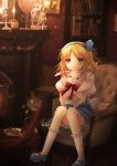 1girl alice_margatroid alice_margatroid_(pc-98) amano-sora armchair blonde_hair book_case bow candle chair child fireplace frills green_eyes looking_at_viewer mary_janes puffy_sleeves rabbit ribbon shoes short_hair shoulder_straps sitting skirt touhou touhou_(pc-98) young 