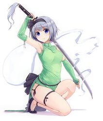  1girl agarwood alternate_costume arm_up armpits blue_eyes bridal_gauntlets chinese_clothes hairband highres katana konpaku_youmu konpaku_youmu_(ghost) ribbon short_hair silver_hair smile solo squatting sword thigh_ribbon touhou weapon 