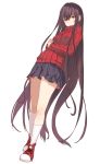  1girl blush brown_eyes dutch_angle kneehighs long_hair looking_at_viewer original shirabi_(life-is-free) shoes simple_background skirt sneakers solo standing sweater turtleneck very_long_hair white_background white_legwear 