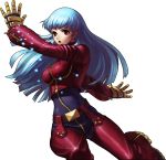  1girl belt blue_hair breasts chaps cropped_jacket female full-length_zipper gloves highres ice king_of_fighters king_of_fighters_xiii kula_diamond leotard long_hair long_sleeves medium_breasts official_art ogura_eisuke open_mouth red_eyes simple_background snk solo transparent_background zipper 