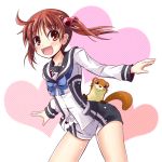  1girl animal bent_over blush bow brown_eyes brown_hair hair_bobbles hair_ornament heart ichimi isshiki_momo long_sleeves looking_at_viewer open_mouth outstretched_arms school_uniform shirt short_shorts shorts smile solo twintails vividred_operation 