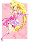  1girl :d aida_mana bike_shorts blonde_hair blush boots cure_heart dokidoki!_precure floral_print half_updo highres open_mouth outstretched_arms pink_background pink_eyes ponytail precure smile v wakataku wink 