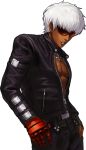  1boy dark_skin fingerless_gloves gloves highres jewelry k&#039; king_of_fighters king_of_fighters_xiii leather_jacket mismatched_gloves necklace official_art ogura_eisuke red_eyes short_hair snk solo sunglasses thumb_in_pocket transparent_background unzipped white_hair 