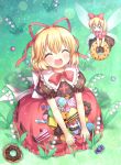  &gt;_&lt; 1girl ^_^ ascot blonde_hair blush bow cake candy closed_eyes doll doughnut dress flower food hair_bow hair_ribbon lily_of_the_valley medicine_melancholy multiple_girls open_mouth ribbon short_hair silver15 skirt smile su-san sweet touhou wings 