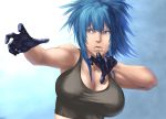  1girl bare_shoulders black_gloves blue_eyes blue_hair breasts cleavage crop_top fighting_stance gaia gloves huge_breasts king_of_fighters leona_heidern lips ponytail solo tank_top 
