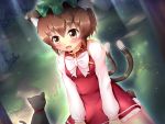  1girl animal_ears bell bell_collar blush bow brown_eyes brown_hair cat cat_ears cat_tail chen collar dress fang hat kane-neko long_sleeves multiple_tails open_mouth red_dress shirt short_hair sitting solo tail touhou 