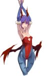  1girl arms_up bare_shoulders bat_wings breasts bridal_gauntlets demon_girl elbow_gloves flat_chest gloves head_wings highres leotard lilith_aensland looking_at_viewer open_mouth pantyhose print_pantyhose purple_hair red_eyes shimadoriru short_hair solo succubus tongue tongue_out vampire_(game) wings 