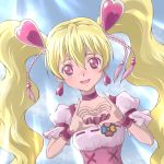  1girl aikawa_yousuke blonde_hair blue_background choker corset cure_peach earrings fresh_precure! heart heart_hair_ornament heart_hands highres jewelry long_hair magical_girl momozono_love pink_eyes precure smile solo twintails 