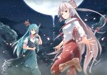  2girls blue_dress blue_hair book bow cherry_blossoms clouds dawndusk dress ex-keine fujiwara_no_mokou full_moon hair_bow hair_ribbon hand_in_hair horn_ribbon horns kamishirasawa_keine long_hair long_sleeves moon multiple_girls night pants petals red_eyes ribbon shirt short_sleeves silver_hair sky smile star_(sky) starry_sky suspenders touhou tree tress_ribbon very_long_hair 