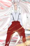  1girl bow breasts cleavage fujiwara_no_mokou hair_bow hair_over_one_eye hands_in_pockets highres large_breasts long_hair pants poruhi red_eyes sarashi silver_hair solo suspenders touhou very_long_hair white_hair 